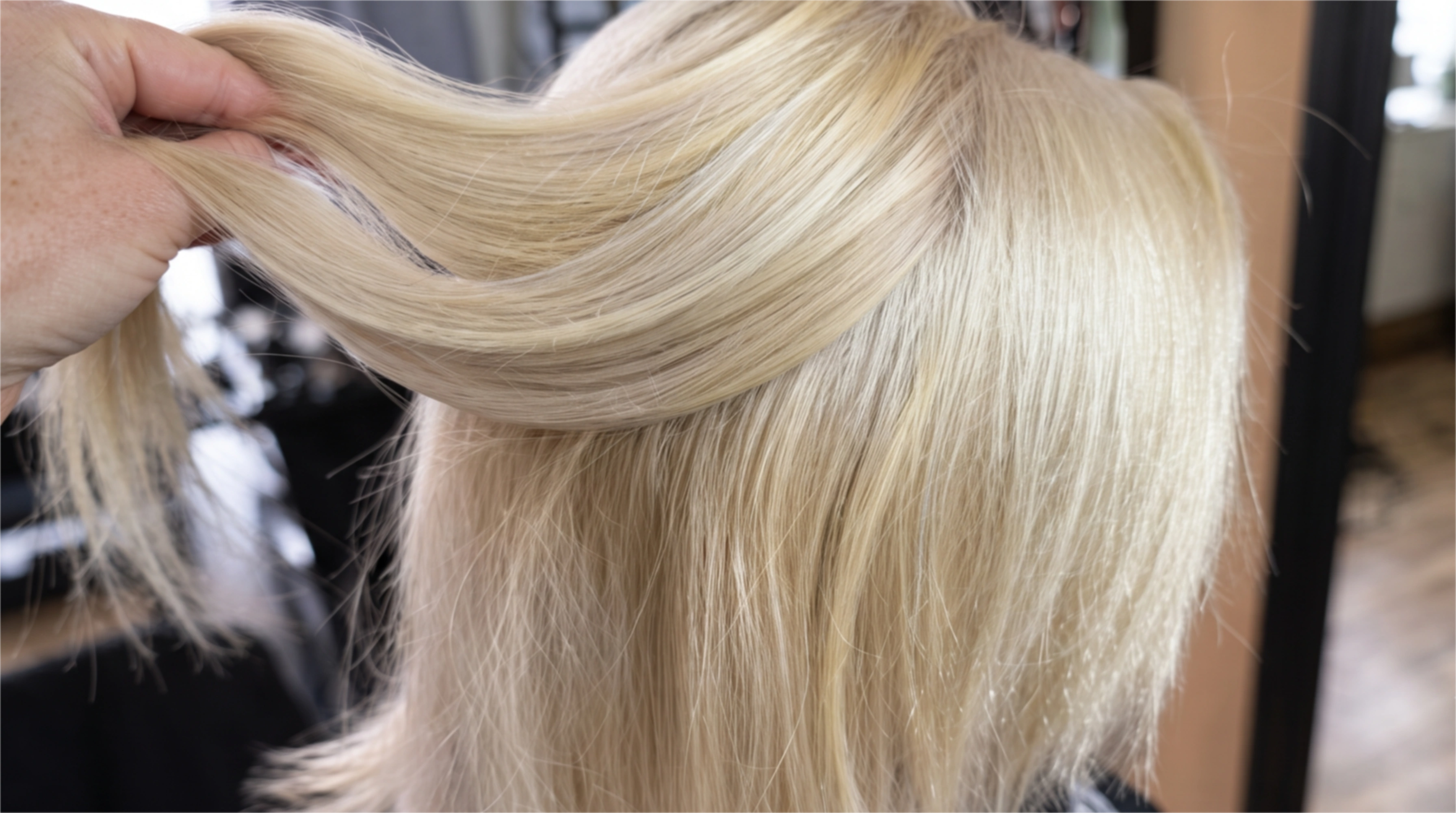Kadeřnice kontroluje pramen platinově blond barvených vlasů.